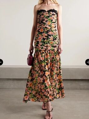 NWT Kika Vargas Viola Lace-Trimmed Floral-Print Chiffon Midi Dress